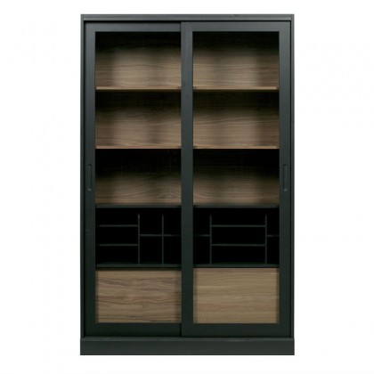vitrina de madera de pino negra con puertas correderas
