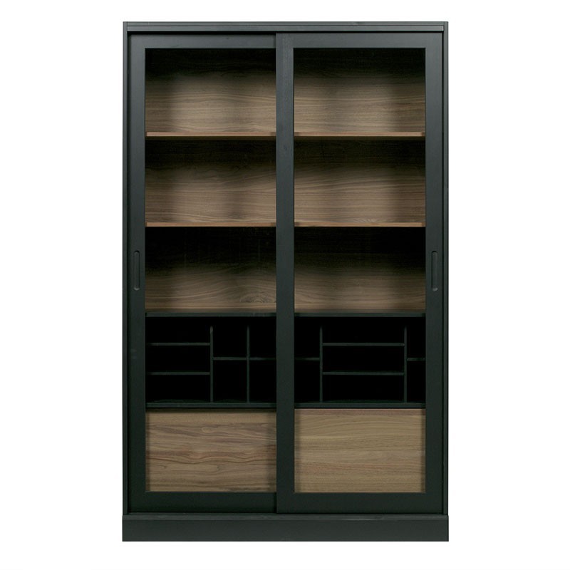 vitrina de madera de pino negra con puertas correderas