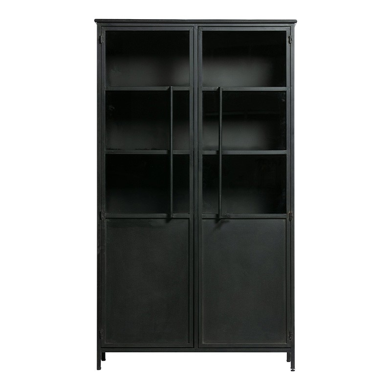 Vitrina de metal en negro mate, con dos puertas de vidrio y equipada con cuatro espaciosos estantes
