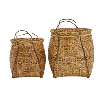 Set de dos cestos de bambú y ratán natural de tono marrón dorado