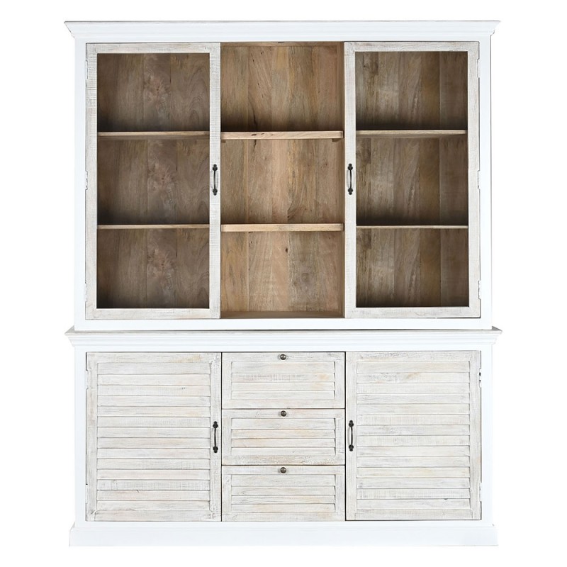 vitrina rústica de madera en color blanco decapado con cajones y estantes