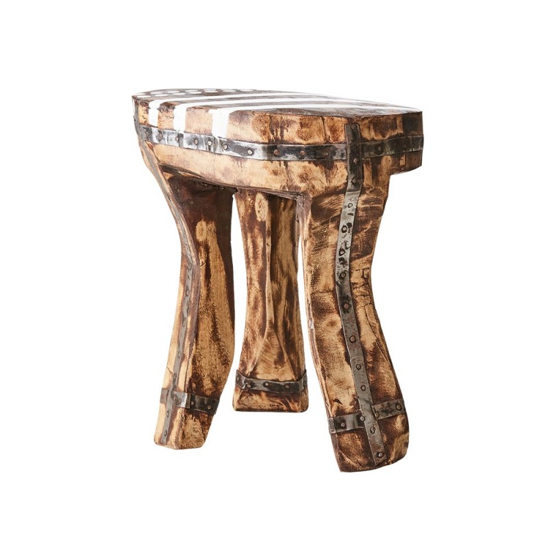 Taburete bajo de estilo africano de madera natural pintada a mano con motivos tribales
