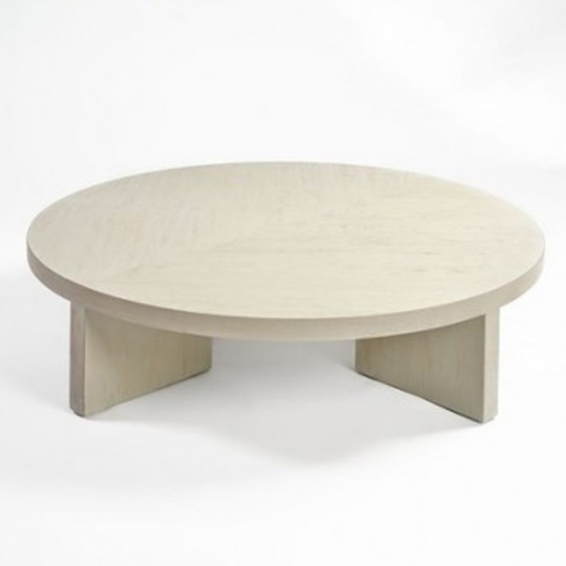 Mesa redonda de madera de roble de diseño modero y atemporal en blanco grisáceo