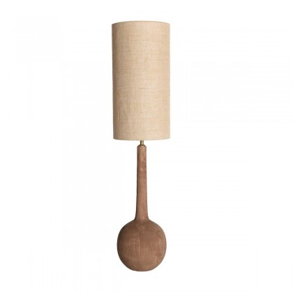 lámpara alta de mesa o suelo con base de madera y pantalla de yute natural
