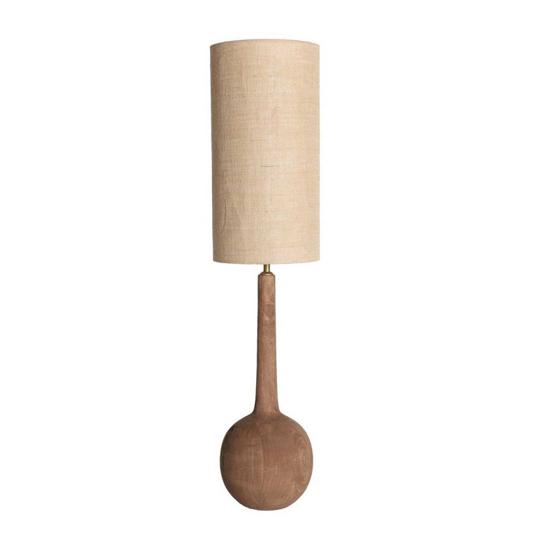 lampara  alta de mesa o suelo con base de madera y pantalla de tela natural
