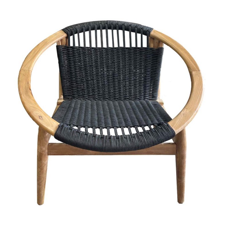 Butaca de madera de teca con asiento y respaldo en cuerda negra