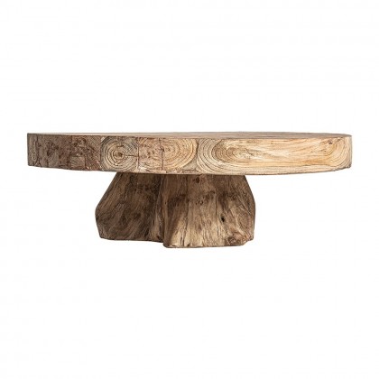 Mesa de centro redonda de estilo colonial esculpida en madera de teca reciclada maciza.
