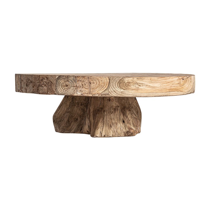 Mesa de centro redonda de estilo colonial esculpida en madera de teca reciclada maciza.