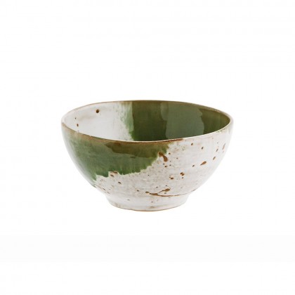 bol vajilla de gres verde y blanco roto, pintado a mano