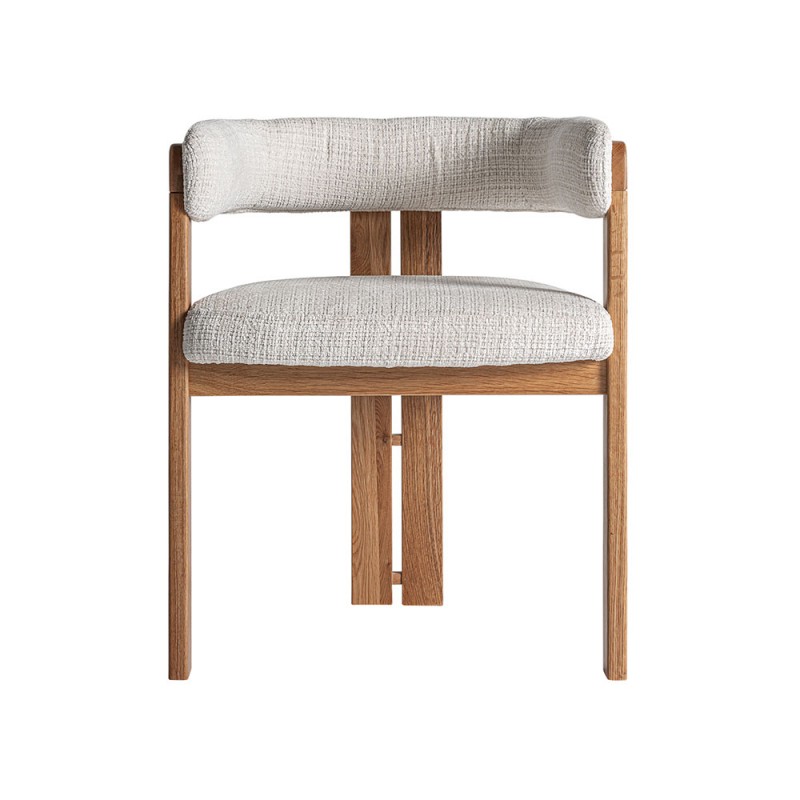 Silla de estilo colonial en madera de roble y asiento tapizado en beige