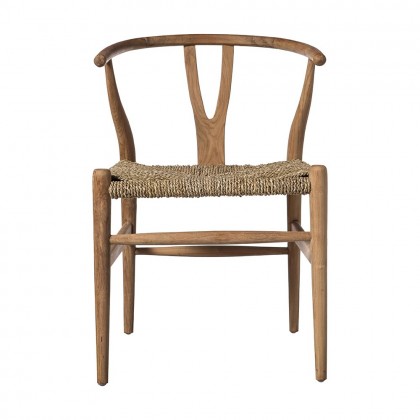 Silla de comedor de madera de teca natural con el respaldo curvo