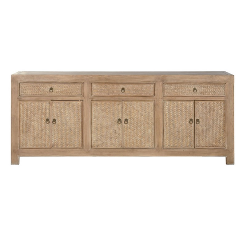 Aparador vintage de madera de olmo macizo y ratán 215cm con 3 cajones