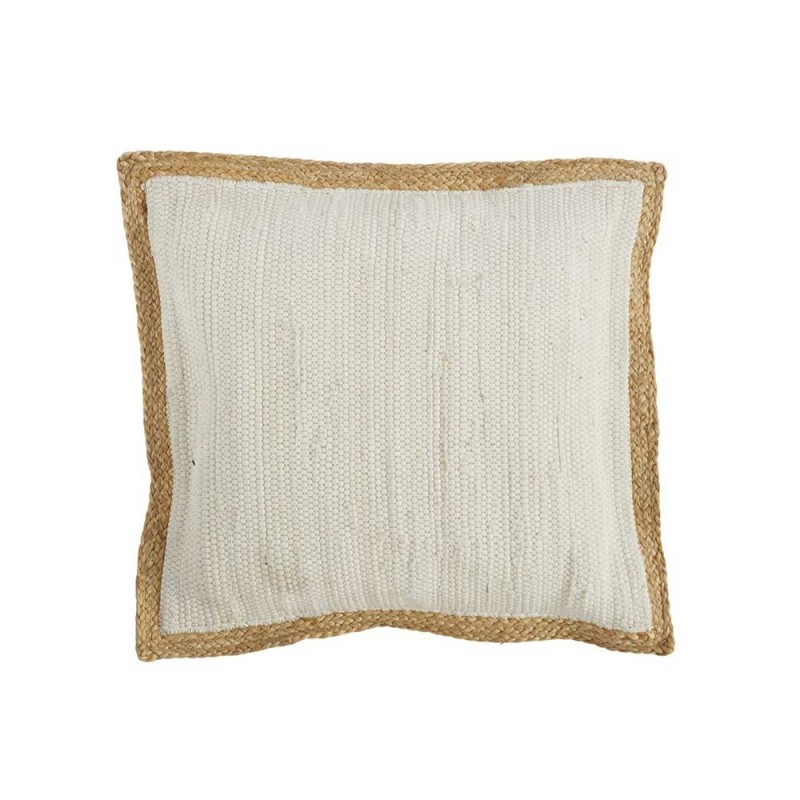 Cojín con ribete en rafia natural y algodón blanco con un estilo fresco y mediterráneo.