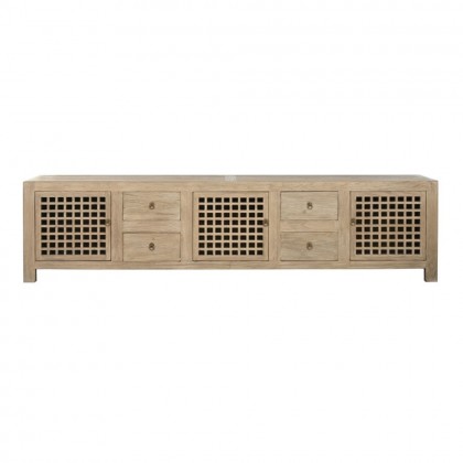 Mueble de TV realizado en madera maciza de olmo con 4 cajones y 2 puertas