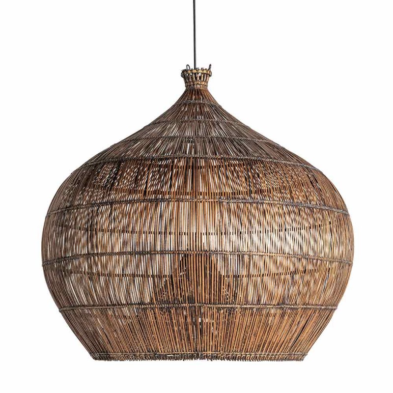 Lámpara de techo de estilo boho, realizada en bambú natural en color marrón.