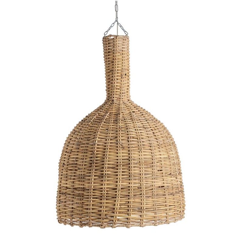 Lámpara de techo de estilo boho, realizada en ratán en color marrón claro.