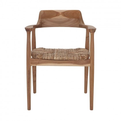 Silla de madera de estilo nórdico de madera maciza de teca y asiento de fibra natural
