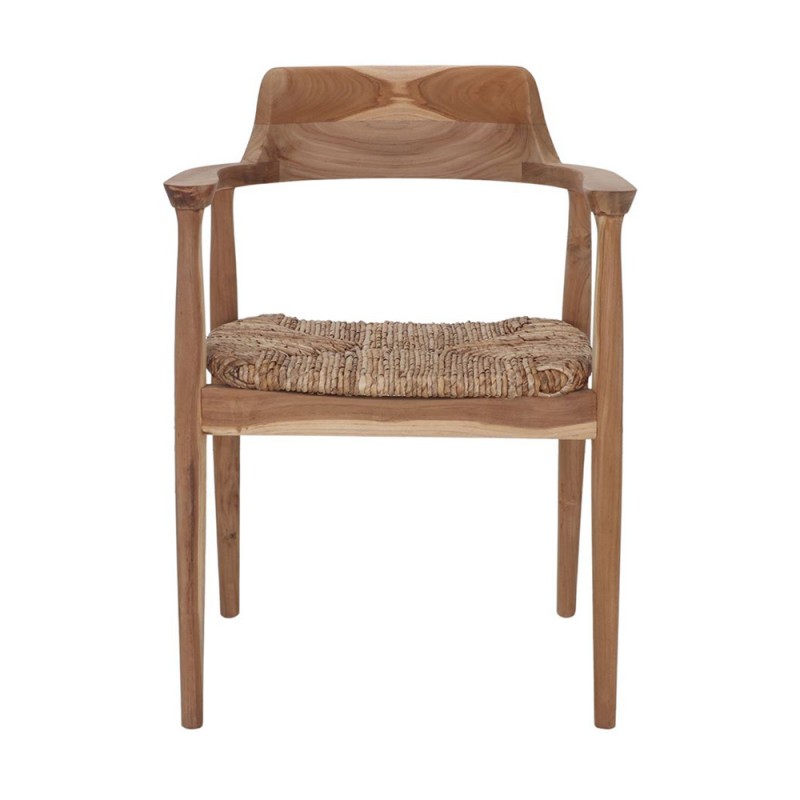 Silla de madera de estilo nórdico de madera maciza de teca y asiento de fibra natural