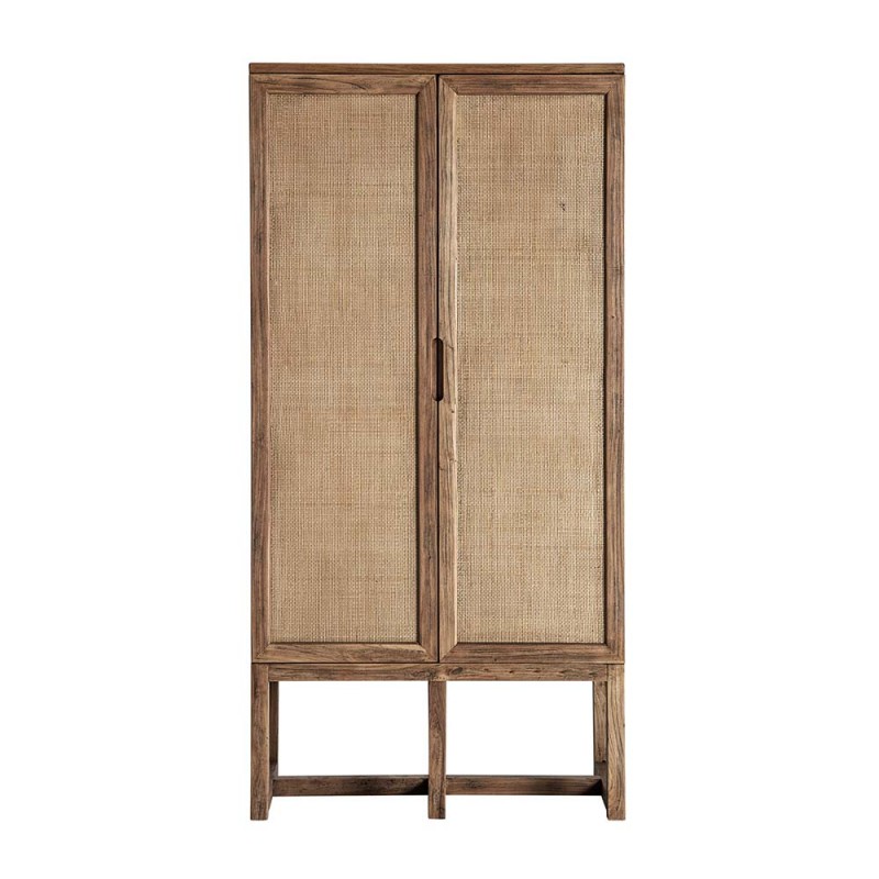 Armario de madera de olmo marrón y puertas estilo rejilla con compartimentos