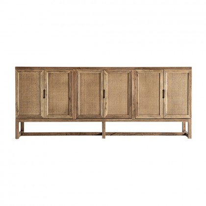 Aparador madera olmo 220cm con puertas de estilo rejilla y estantes interiores