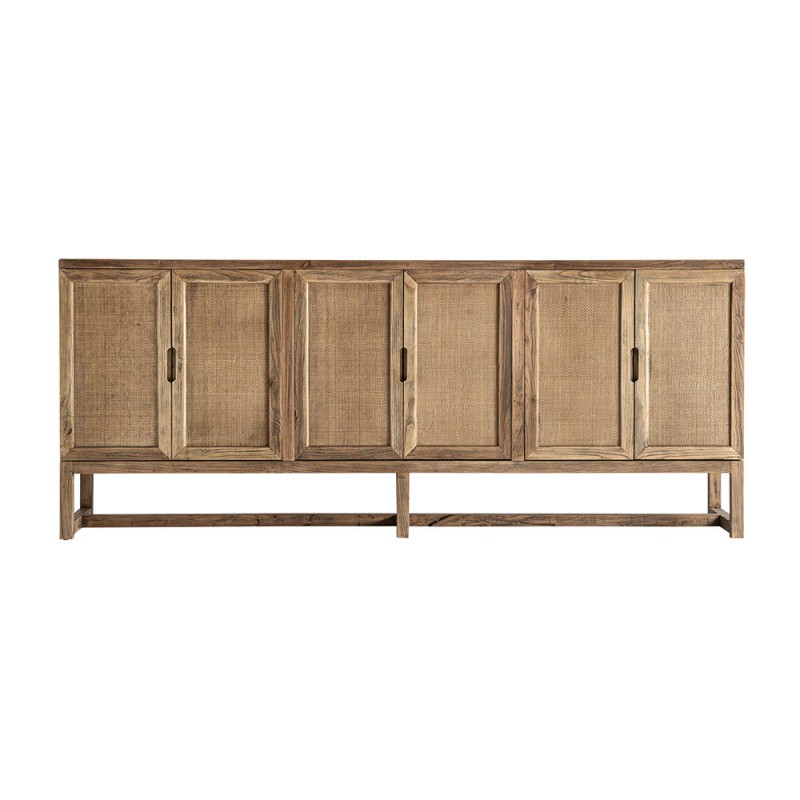 Aparador madera olmo 220cm con puertas de estilo rejilla y estantes interiores