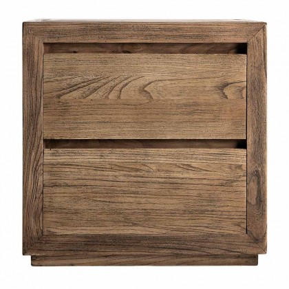 Mesita de noche de diseño contemporánea realizada en madera de olmo en color marrón, destaca por su calidez natural.