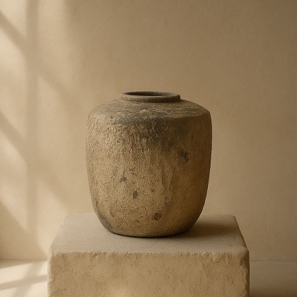 Macetero / jarrón moldeada en terracota natural y acabada con un envejecido artesanal