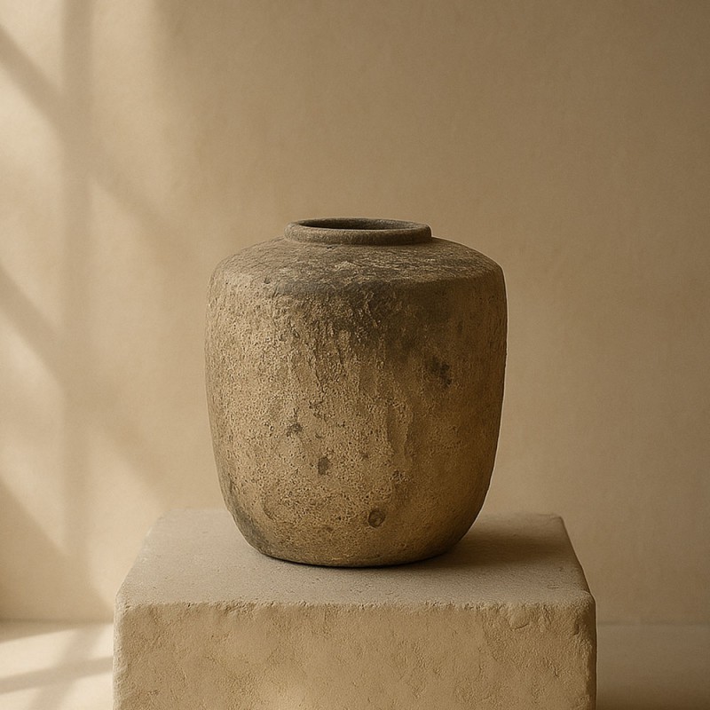 Macetero / jarrón moldeada en terracota natural y acabada con un envejecido artesanal