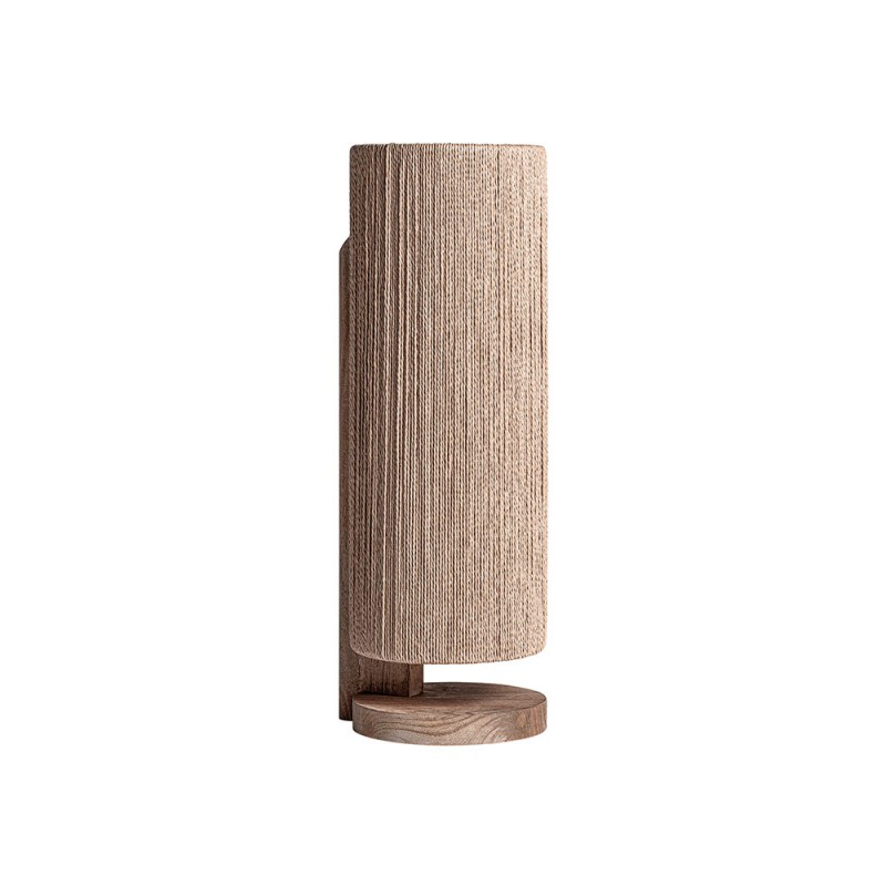 Lámpara de sobremesa de diseño artesanal, estructura de madera de mango y pantalla de rafia