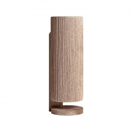 Lámpara de sobremesa de diseño artesanal, estructura de madera de mango y pantalla de rafia