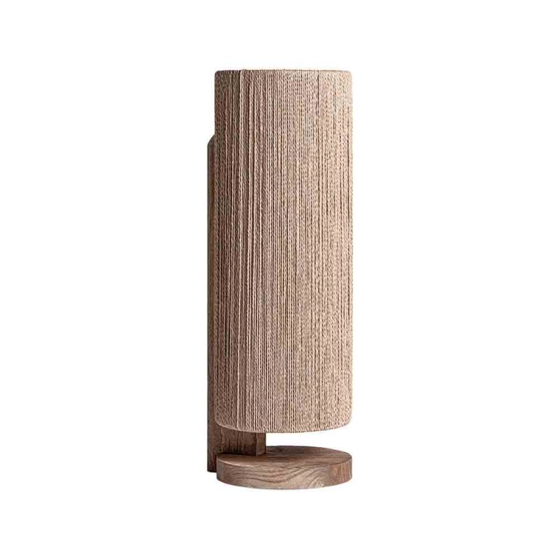 Lámpara de sobremesa de diseño artesanal, estructura de madera de mango y pantalla de rafia