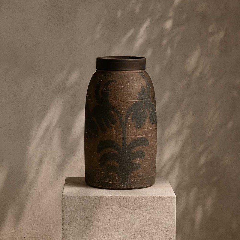 Jarrón de terracota con acabado envejecido en tono marrón profundo