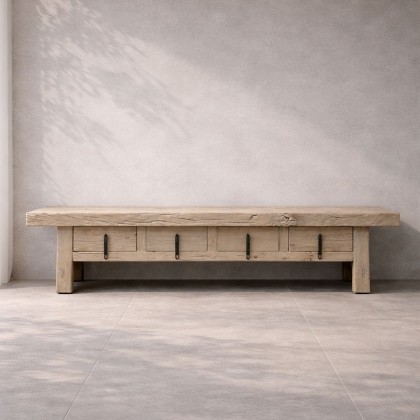 mueble tv bajo madera lavada maciza estilo wabi sabi