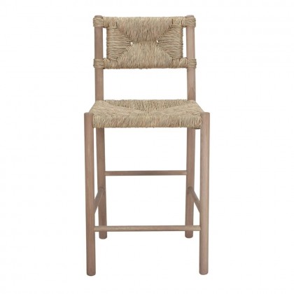 Taburete alto Rina con estructura de madera maciza de roble con asiento y respaldo de fibra marina trenzada,
