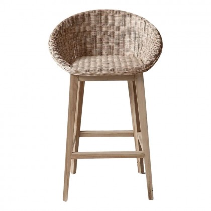 taburete alto Solara estructura de madera maciza de teca con asiento y respaldo en fibra sintética trenzada,