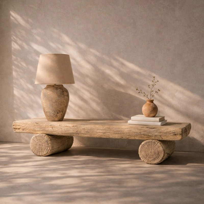 Mueble bajo banco de olmo reciclado con acabado Palo Santo de diseño artesanal