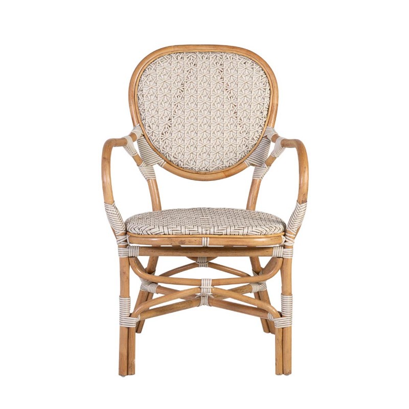 Silla de ratán blanco apilable de la colección BISTRO, realizada a mano y con reposabrazos