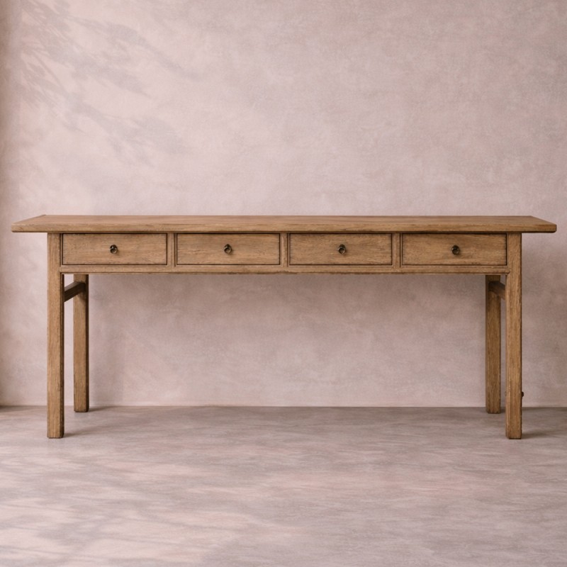 Consola de madera de olmo recuperada con 4 cajones