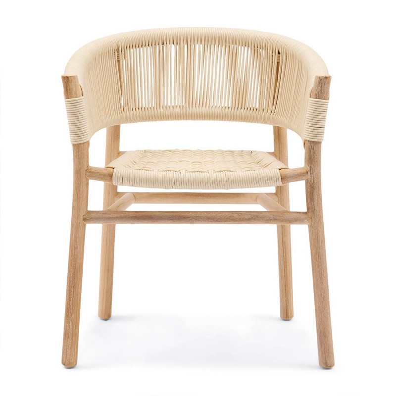 Silla exterior con resposabrazos de madera de teca y cuerda