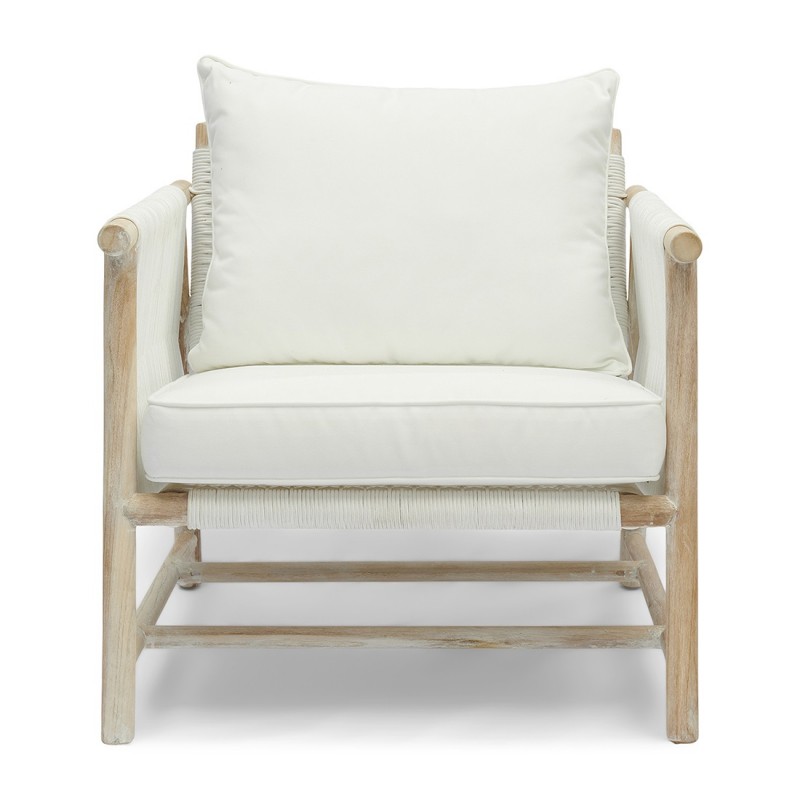 Sillón exterior con resposabrazos en madera de teca y cuerda de la  colección Saint Tropez