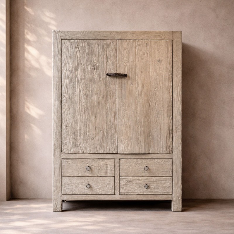 armario de 150 cm alto en madera antigua de olmo con dos puertas y cajones inferiores