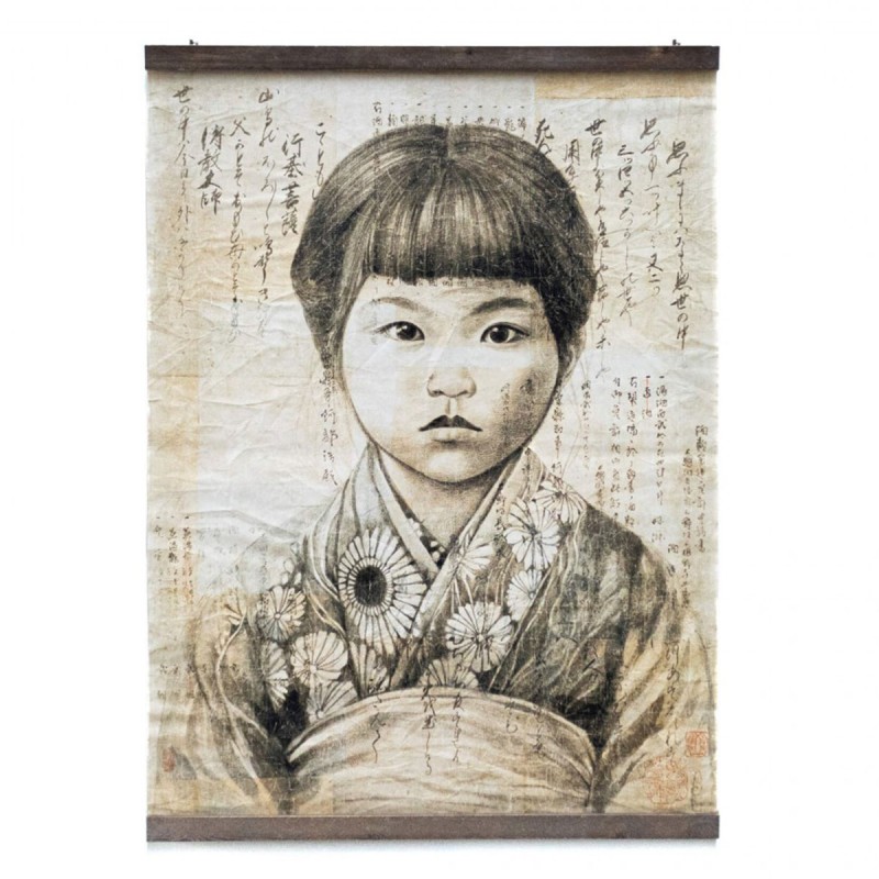 arte en papel texturizado efecto envejecido niña japonesa