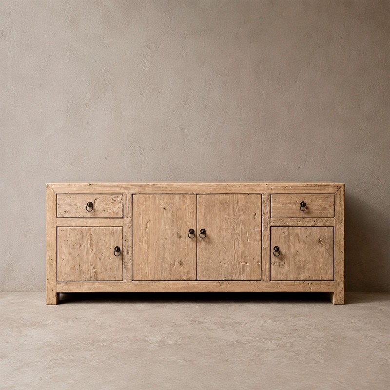 Mueble bajo de TV madera de pino antiguo con acabado natural envejecido