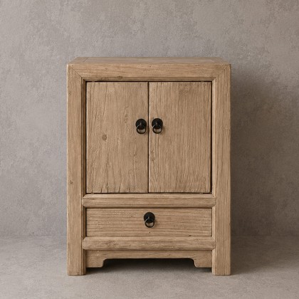 Mesita de noche o mesa auxiliar de madera de olmo con dos puertas y 1 un cajón