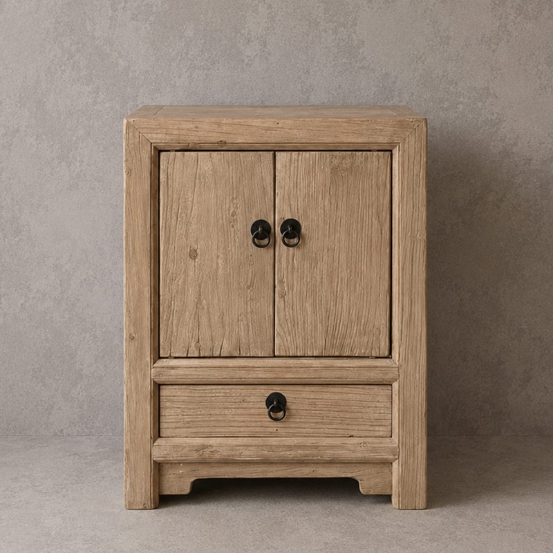 Mesita de noche o mesa auxiliar de madera de olmo con dos puertas y 1 un cajón