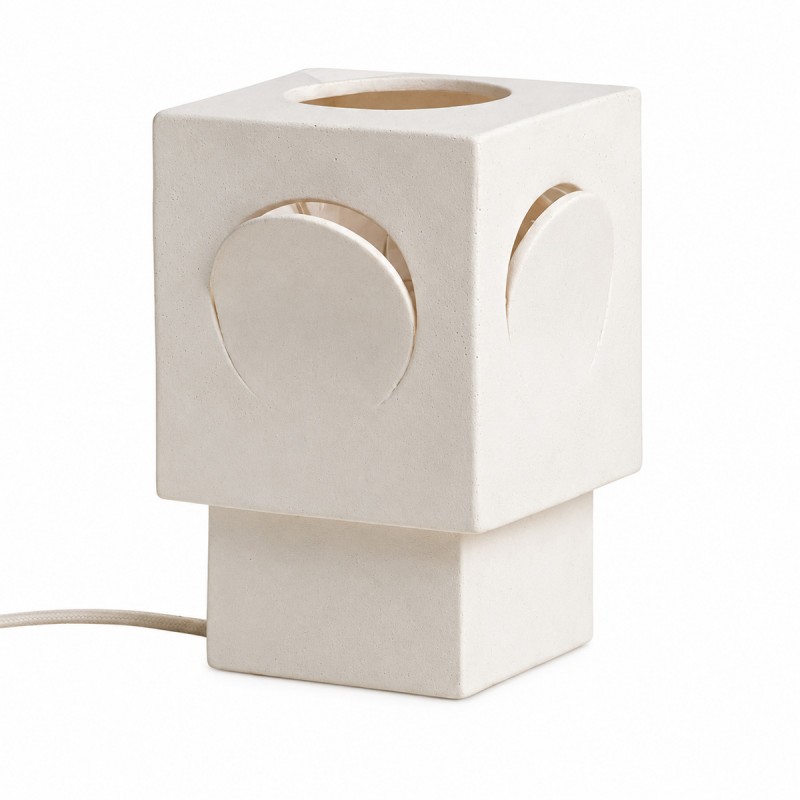 Lámpara de mesa Eclipse de gres blanco, de diseño compacto y contemporáneo.